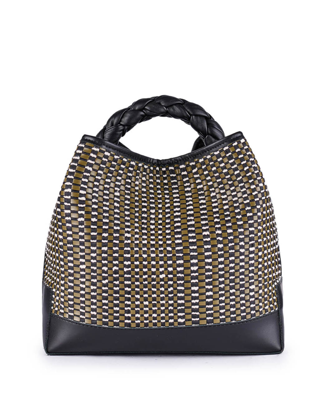 Woven leather handbag with black braided handle and checkered pattern