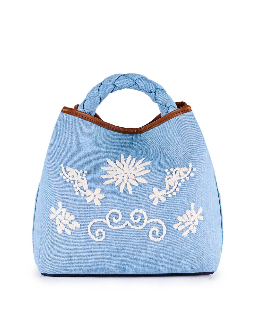 Light blue denim tote bag with floral embroidery and braided handle