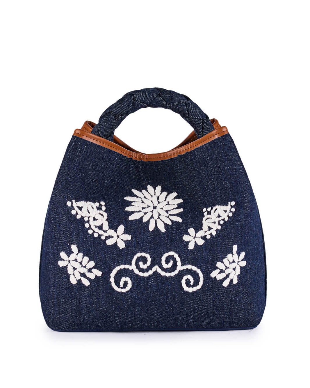 Denim handbag with white floral embroidery and braided handle