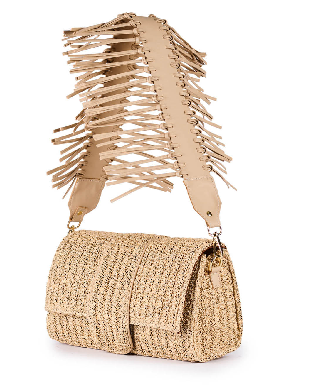 Beige woven handbag with decorative strap featuring interlaced tassels