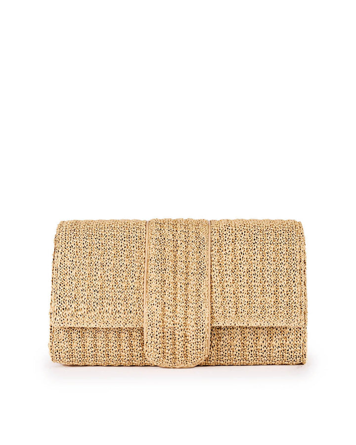 Beige woven clutch bag with flap closure