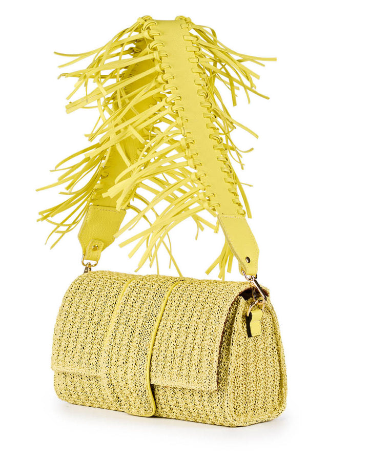 Yellow woven handbag with fringed strap