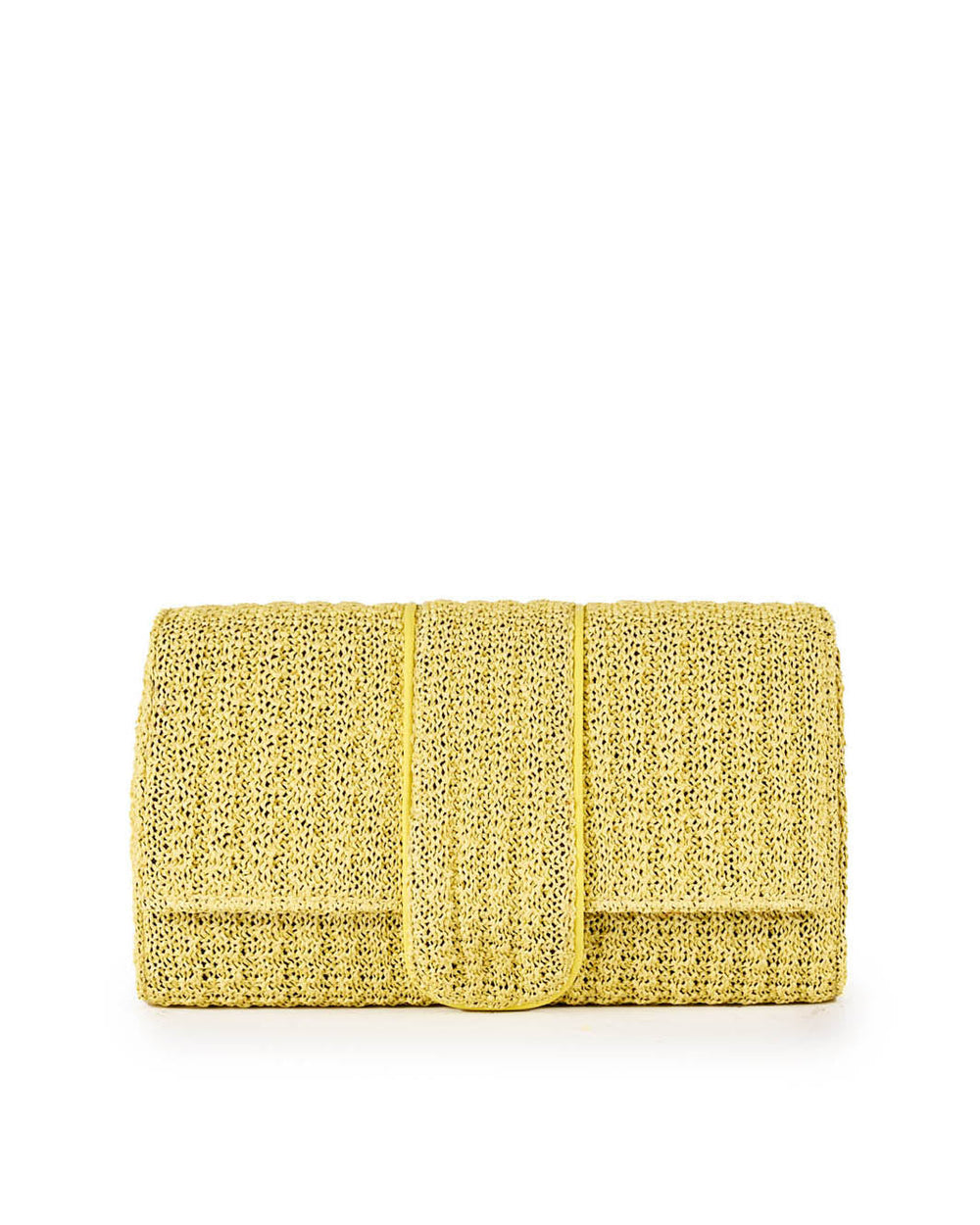 Yellow woven clutch bag with a flap closure against a white background