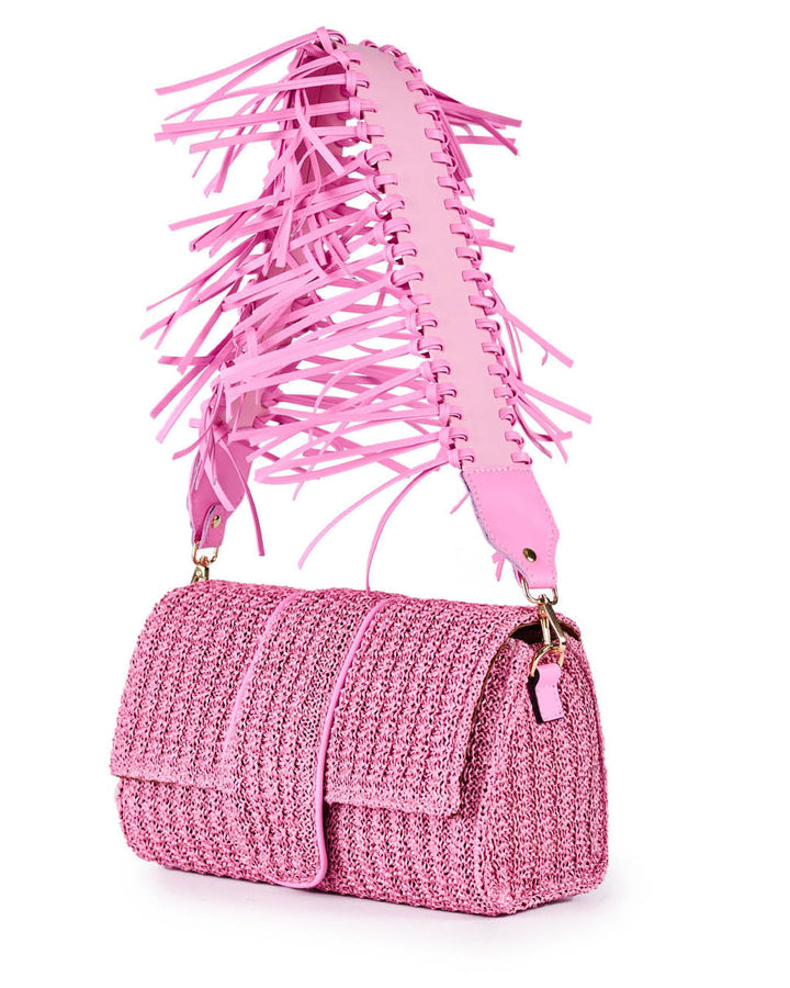 Pink woven handbag with fringe strap detail