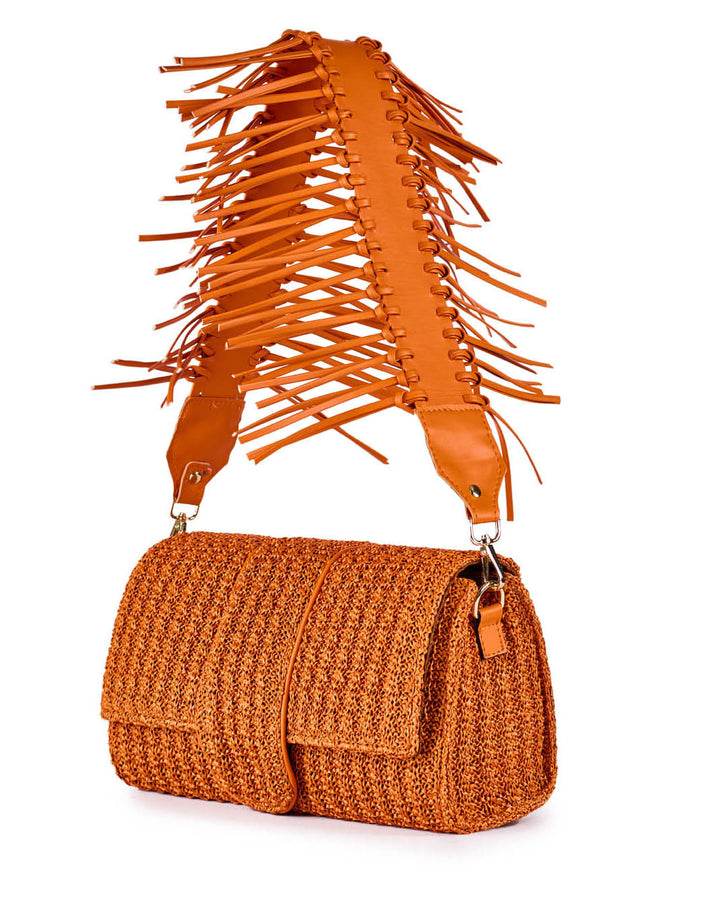 Orange woven handbag with a fringe and ribbon strap