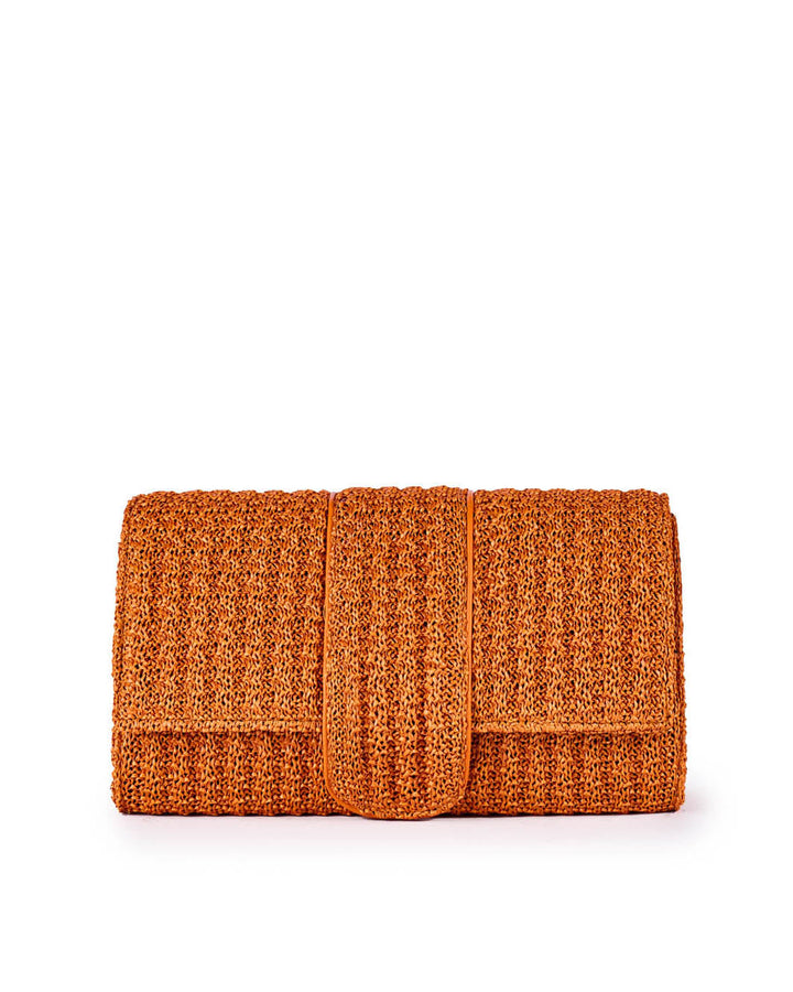 Orange woven clutch bag with flap closure