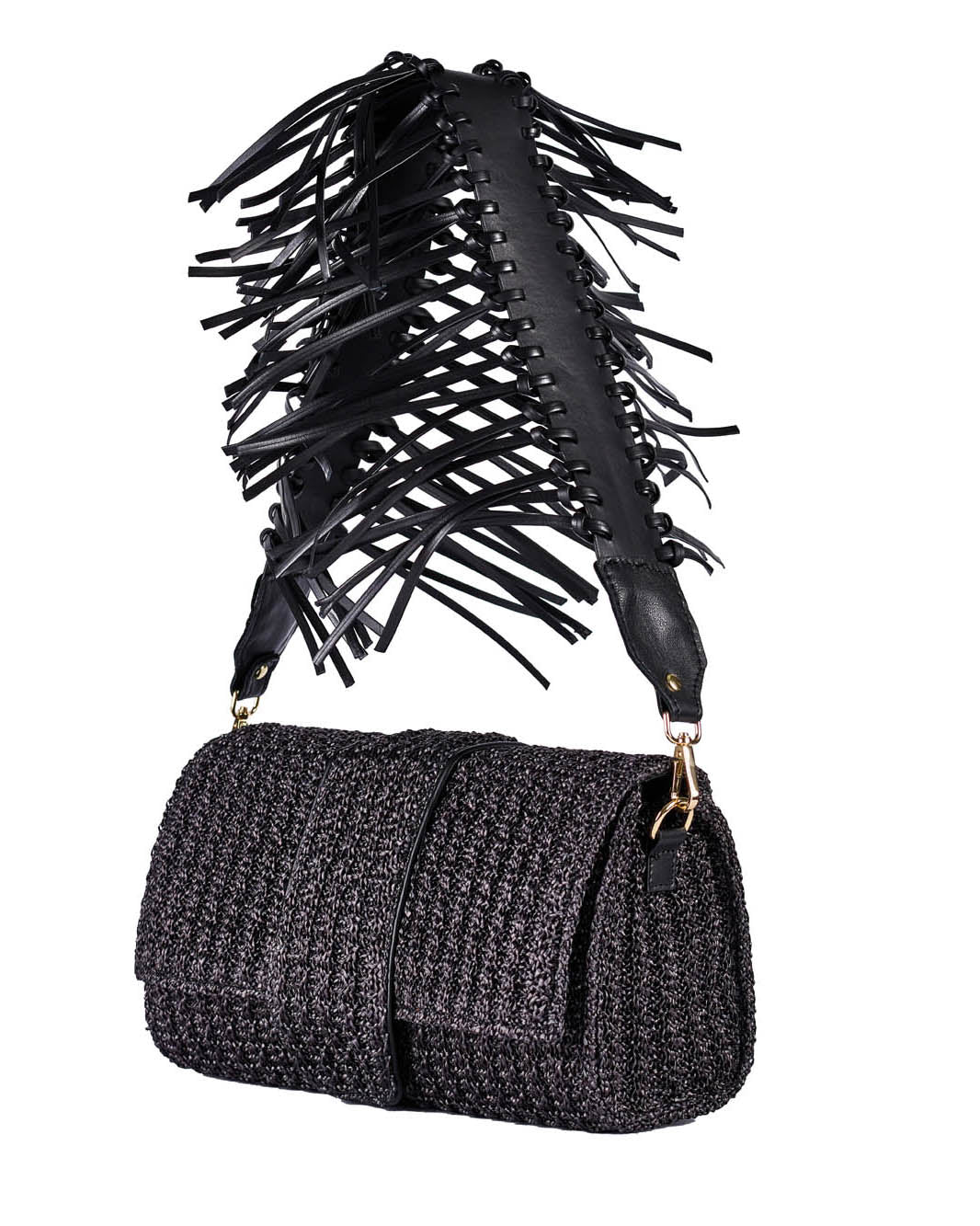 Black woven handbag with leather strap and decorative fringe