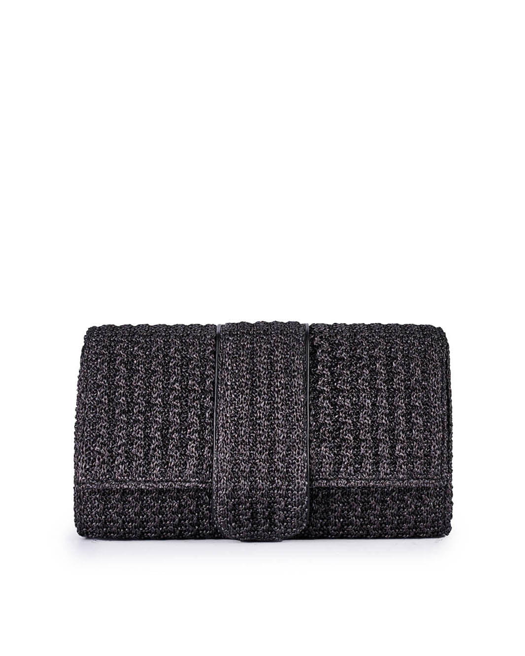 Black woven clutch bag on a white background