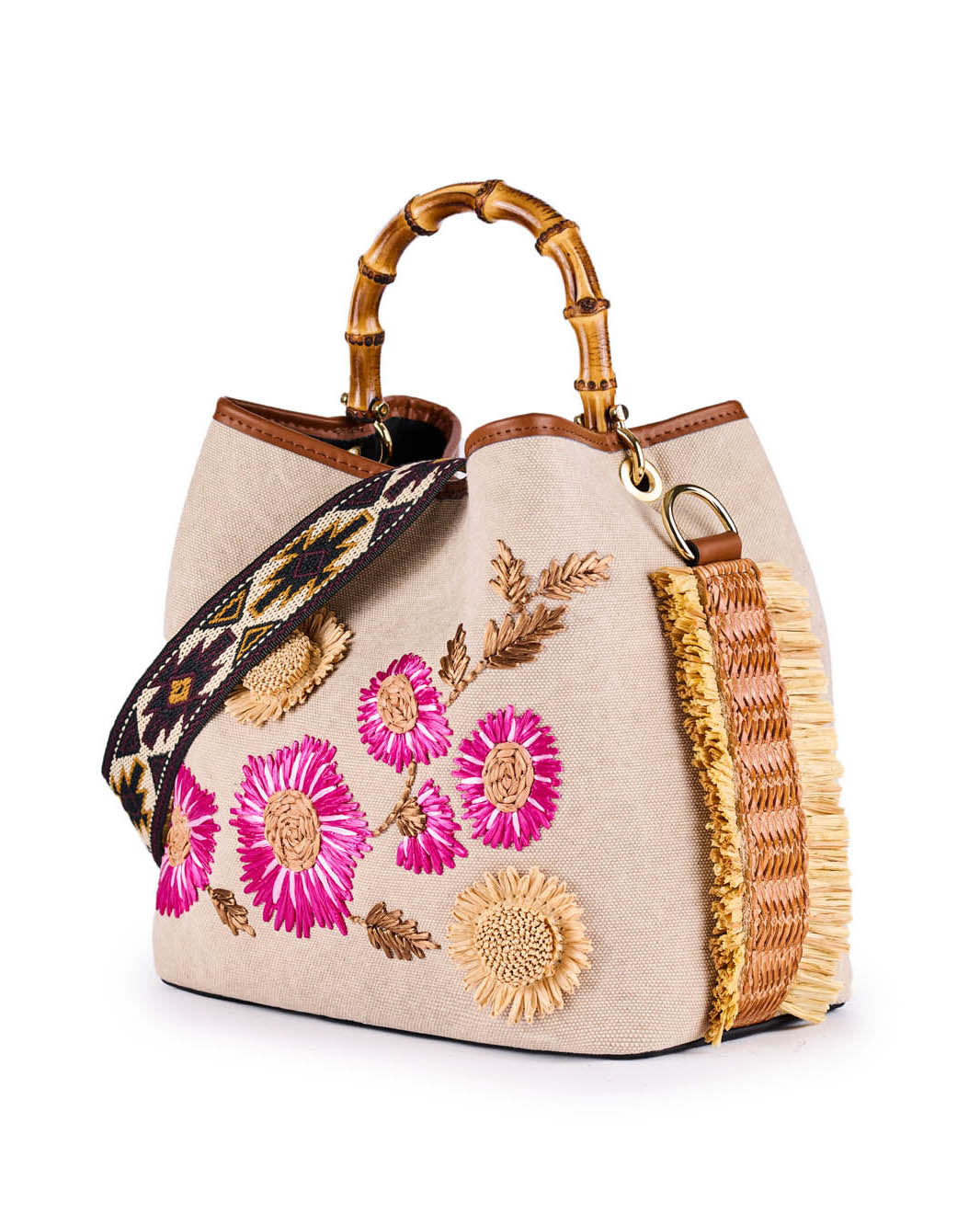Embroidered floral handbag with bamboo handles and woven strap