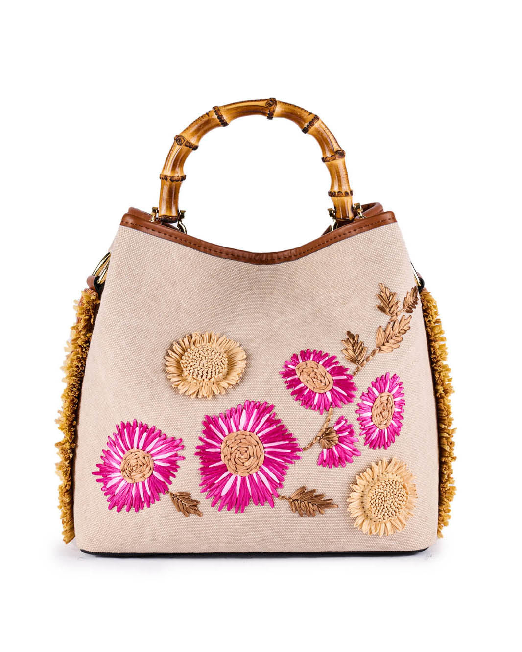Beige handbag with bamboo handles, featuring vibrant pink and beige floral embroidery