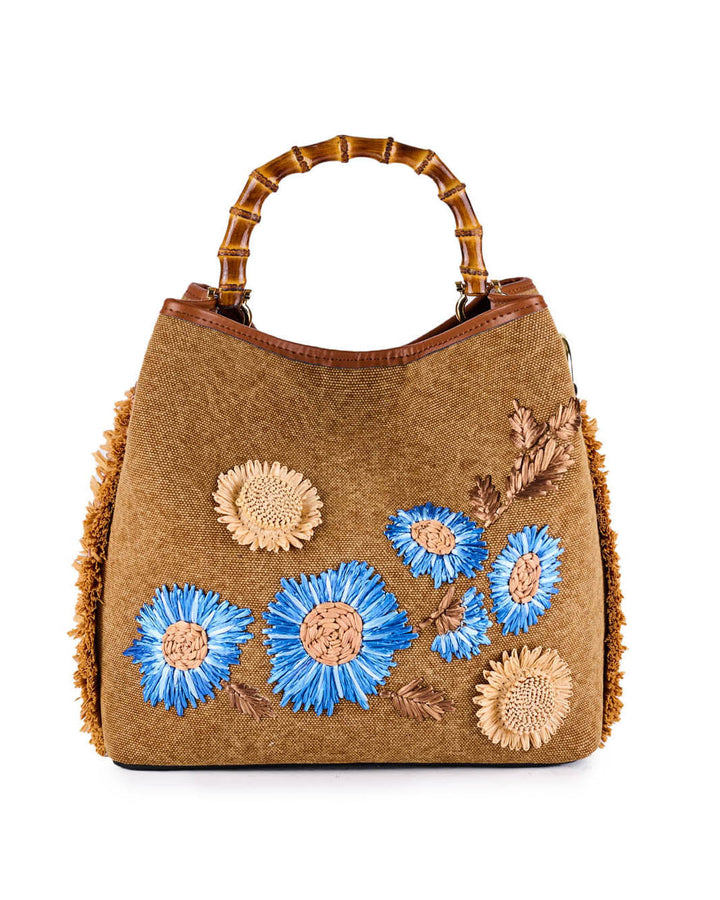 Women's brown handbag with bamboo handle and blue floral embroidery