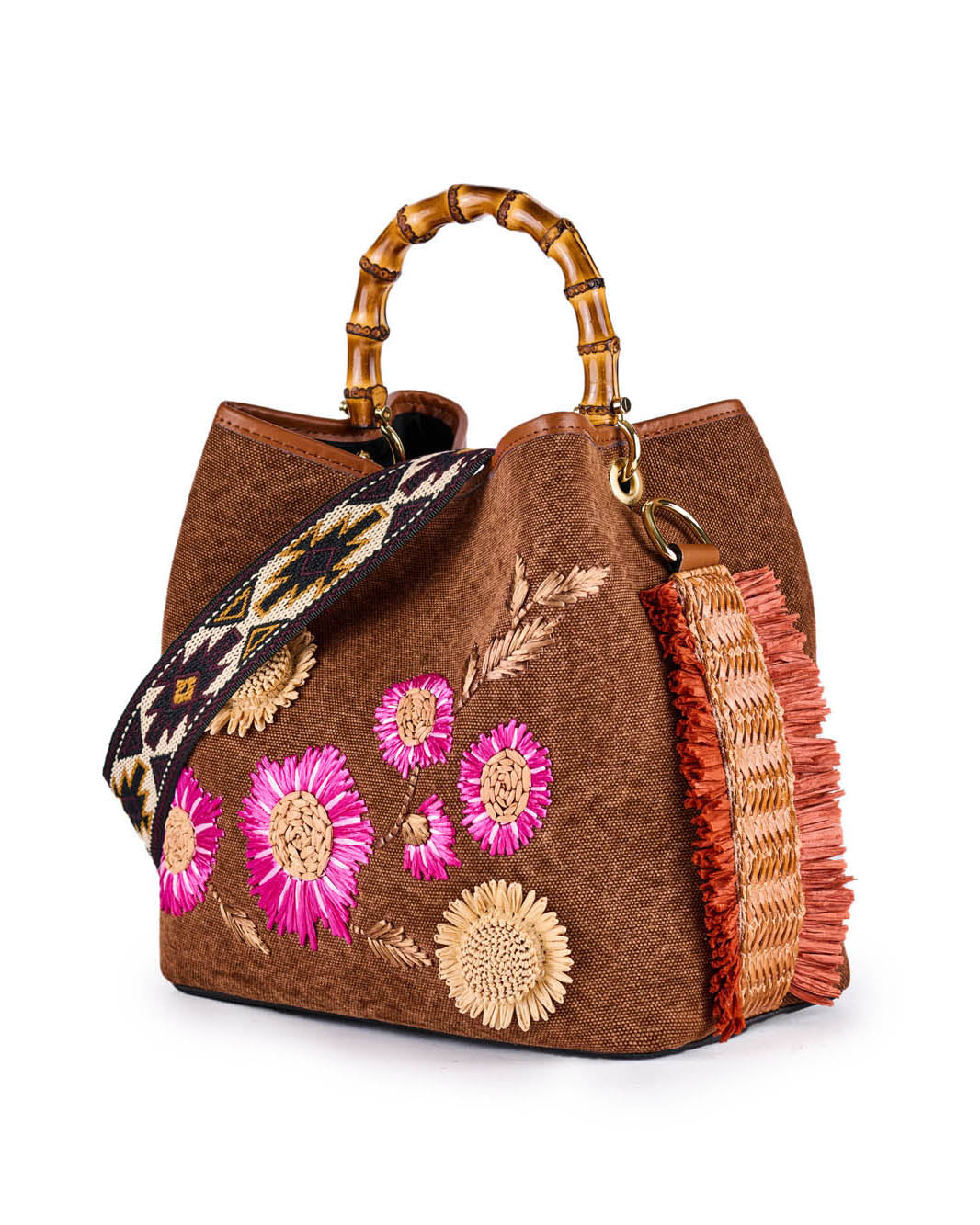 Brown embroidered handbag with floral designs and bamboo handles