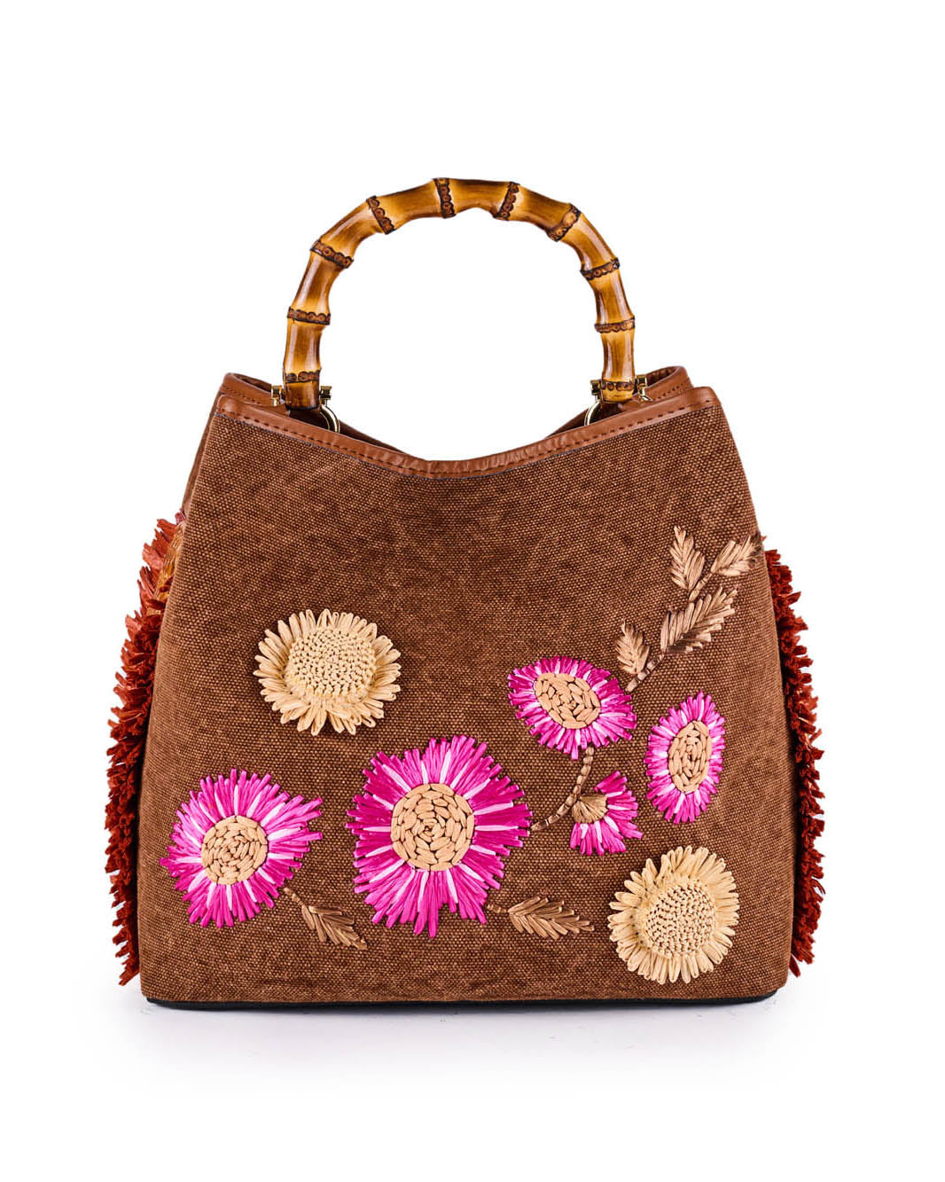 Handcrafted brown handbag with floral embroidery and bamboo handle