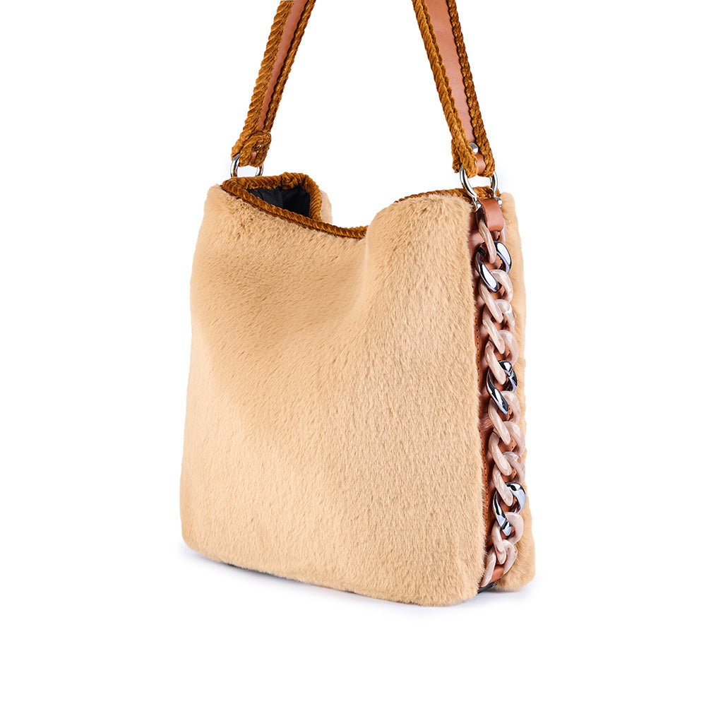 Beige fur handbag with brown straps and silver chain detail