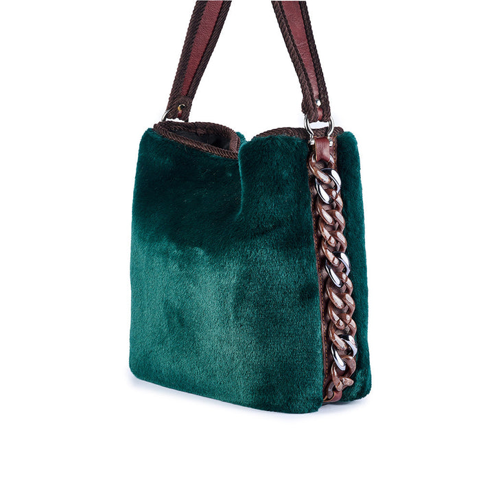 Green faux fur handbag with brown leather straps and chain detail