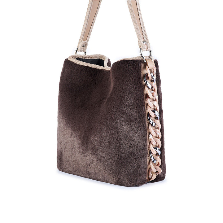 Brown faux fur handbag with beige leather straps and chain detail