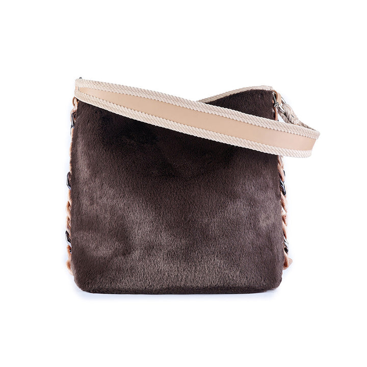 Soft brown fur handbag with beige strap