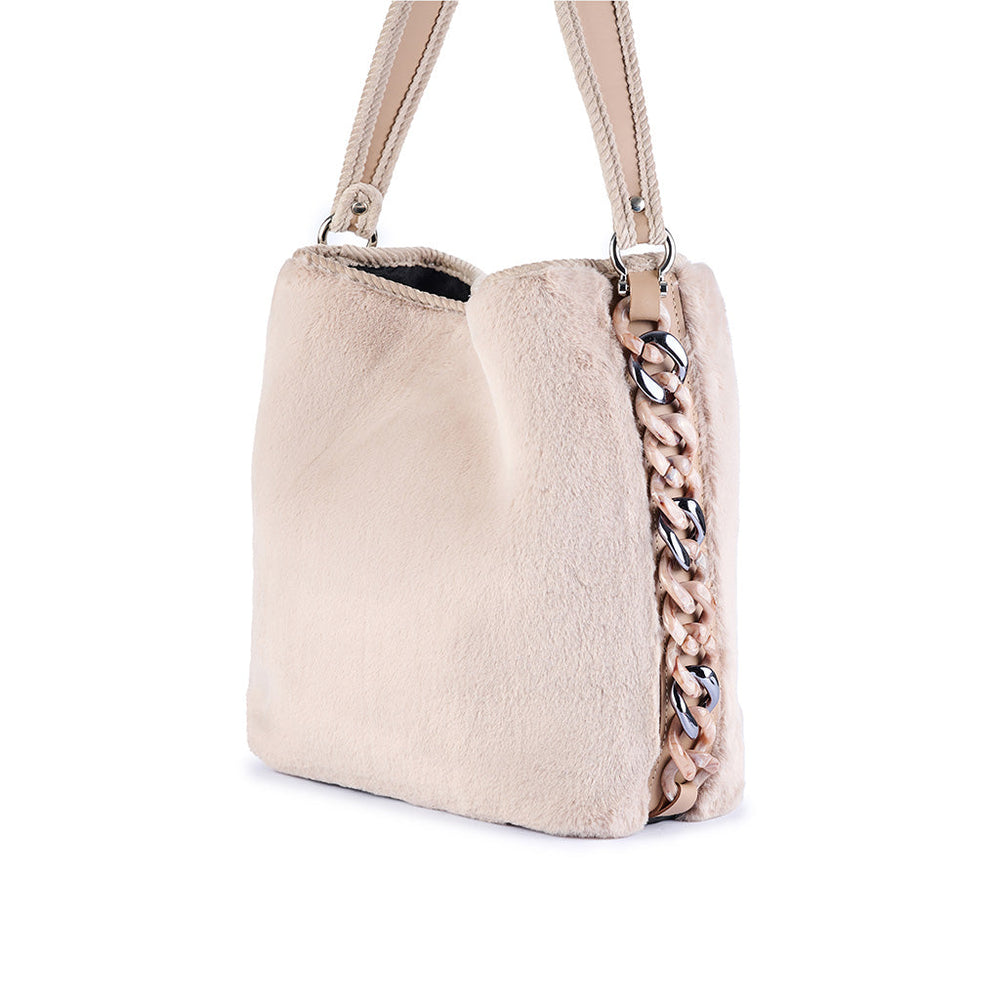 Beige faux fur tote bag with chain detailing and shoulder straps