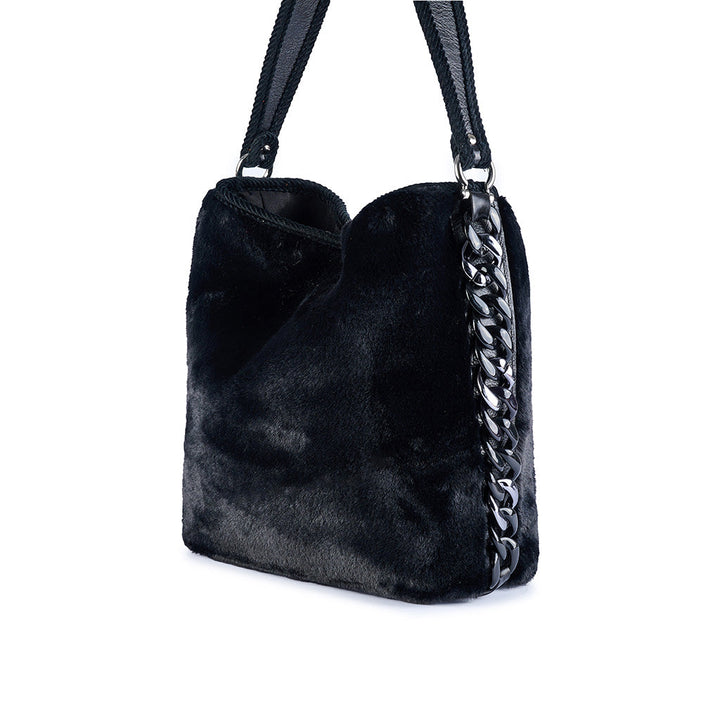 Black faux fur handbag with chain strap detailing