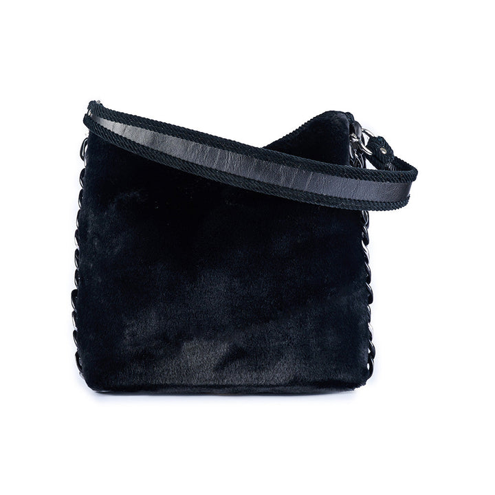 Black faux fur handbag with shoulder strap, front view