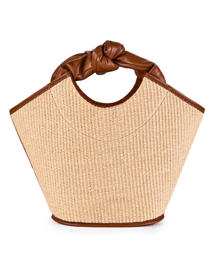 Straw and leather handbag with knotted handle