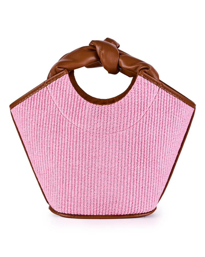 Pink woven handbag with brown leather handle