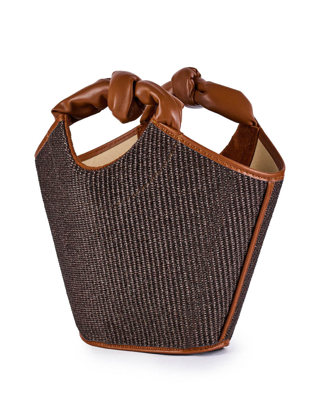 Stylish brown woven handbag with leather handles