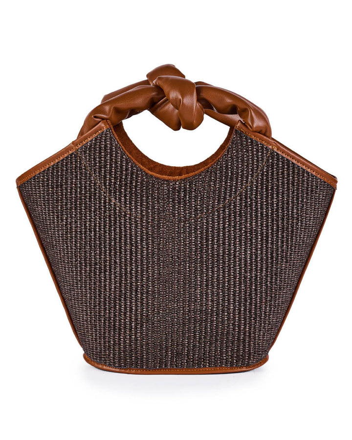 Brown leather and woven fabric handbag with a unique knotted handle design