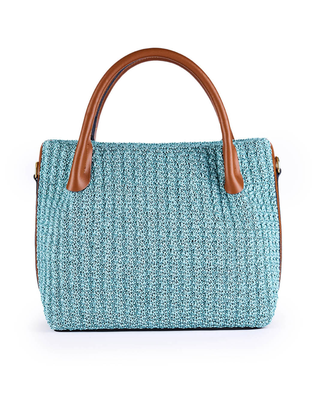 Blue woven handbag with brown leather handles