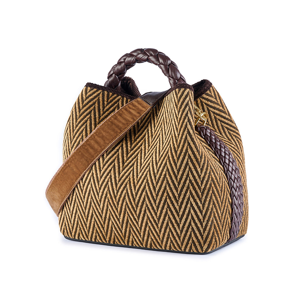 Stylish brown and beige woven tote bag with braided leather accents