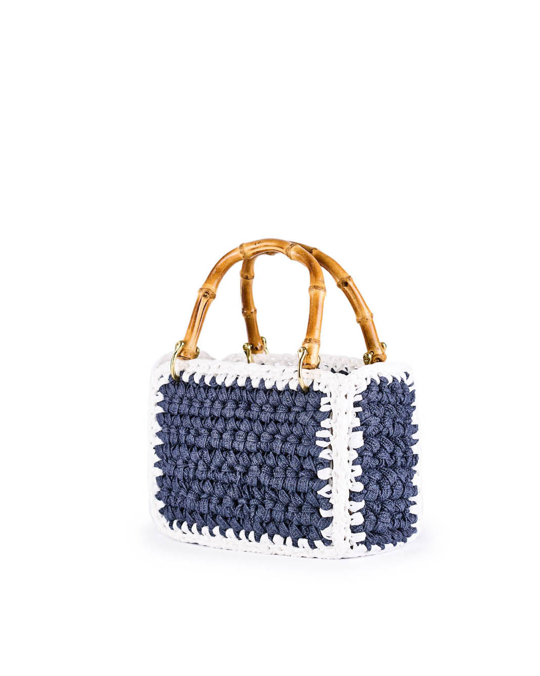 Handwoven navy and white tote bag with bamboo handles