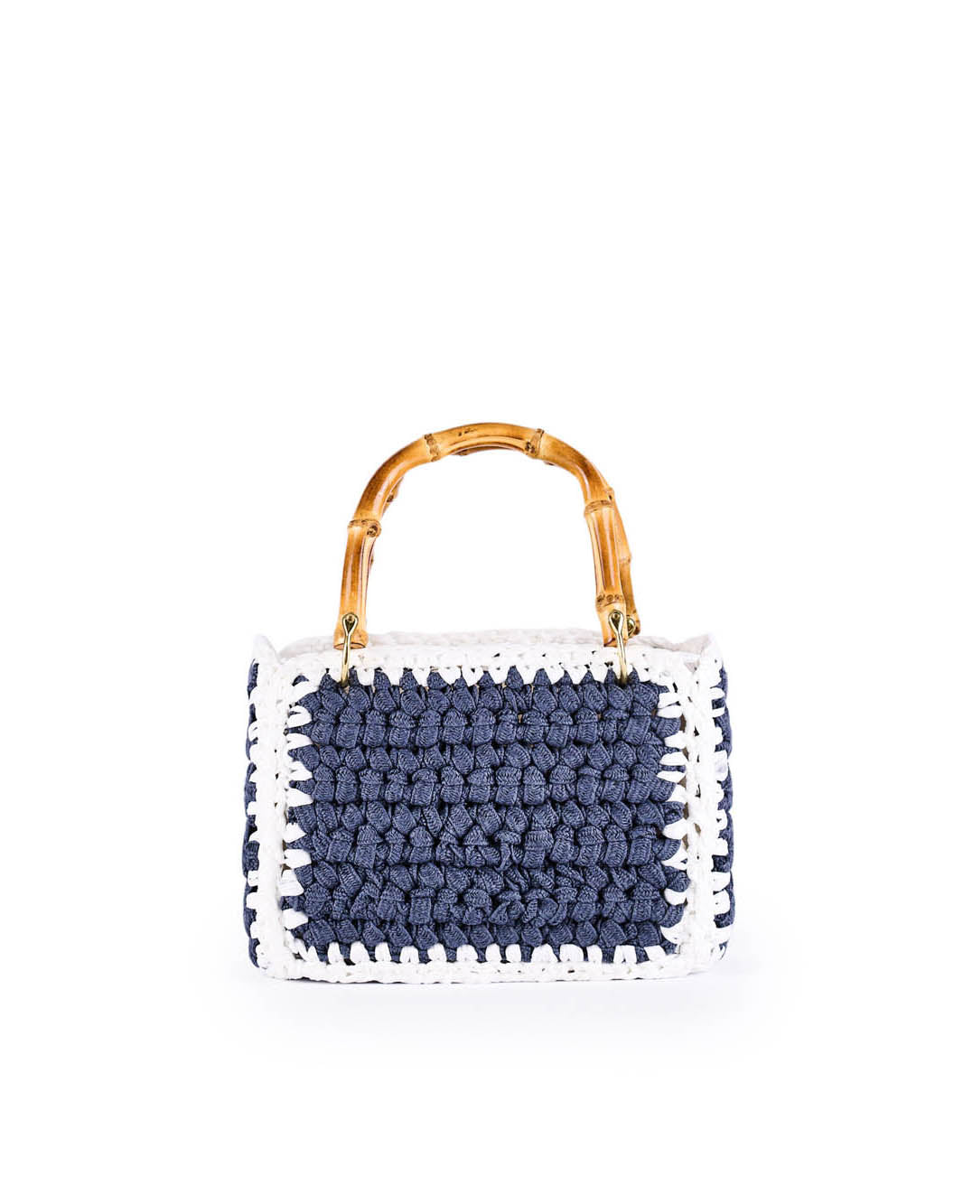 Handwoven navy blue and white tote bag with bamboo handles against white background