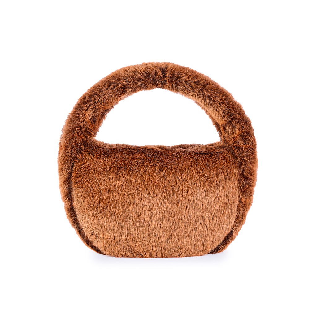 Faux fur handbag with rounded handle in brown