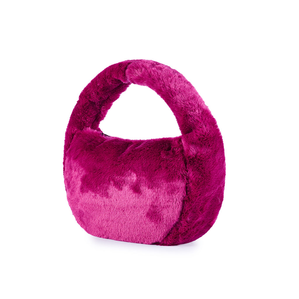 Fuchsia pink faux fur handbag with rounded handle