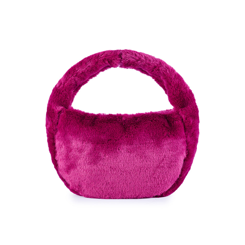 Vibrant pink faux fur handbag with circular handle