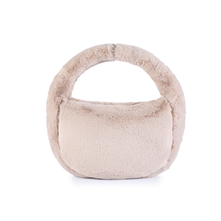 Beige faux fur handbag with rounded handle