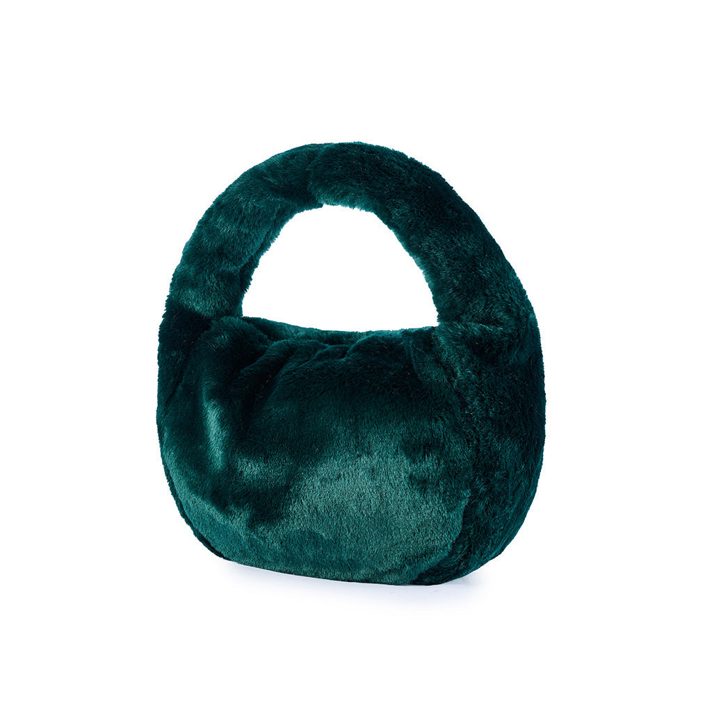 Emerald green faux fur handbag with a rounded design