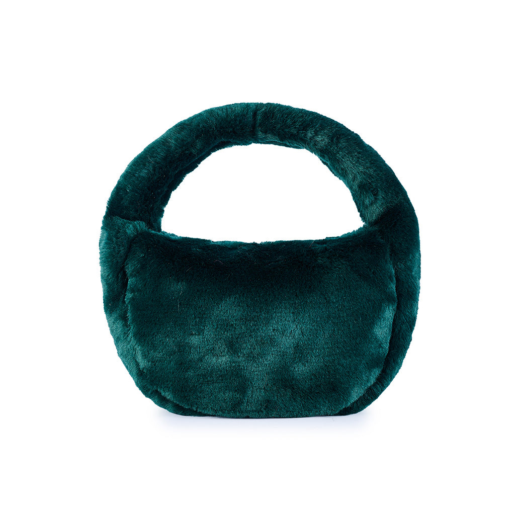 Plush green fur handbag with circular handle on white background