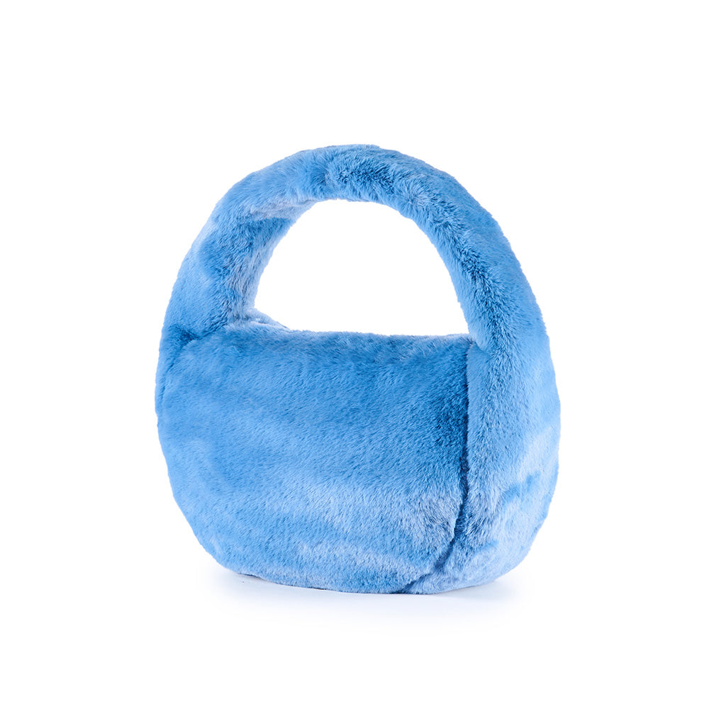 Plush blue faux fur handbag with short handle