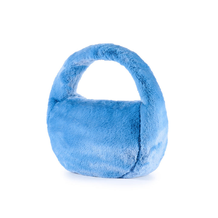 Plush blue faux fur handbag with short handle