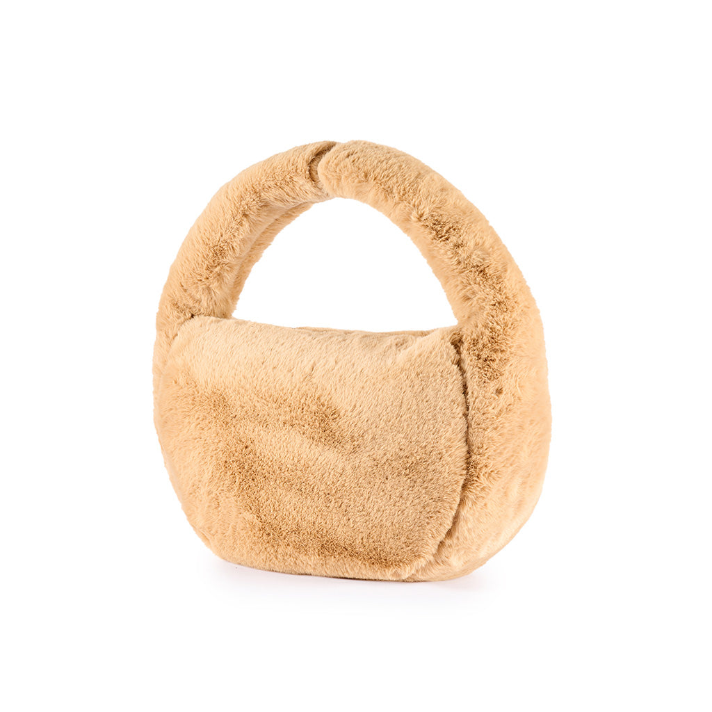 Beige faux fur handbag with a rounded handle