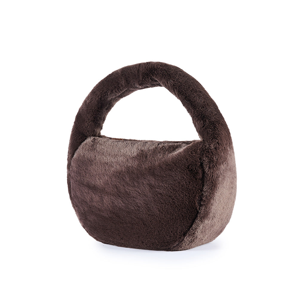 Plush brown faux fur handbag with a rounded handle