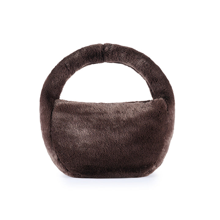 Plush dark brown faux fur handbag with rounded handle