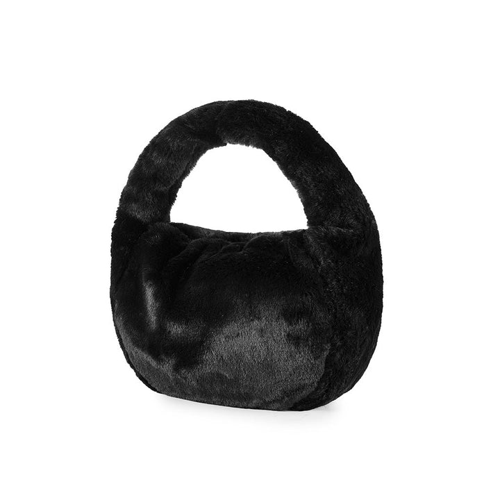 Luxurious black faux fur handbag with rounded handle