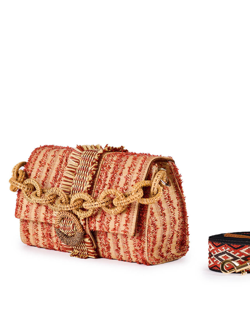 Red and beige woven handbag with decorative chain and matching strap