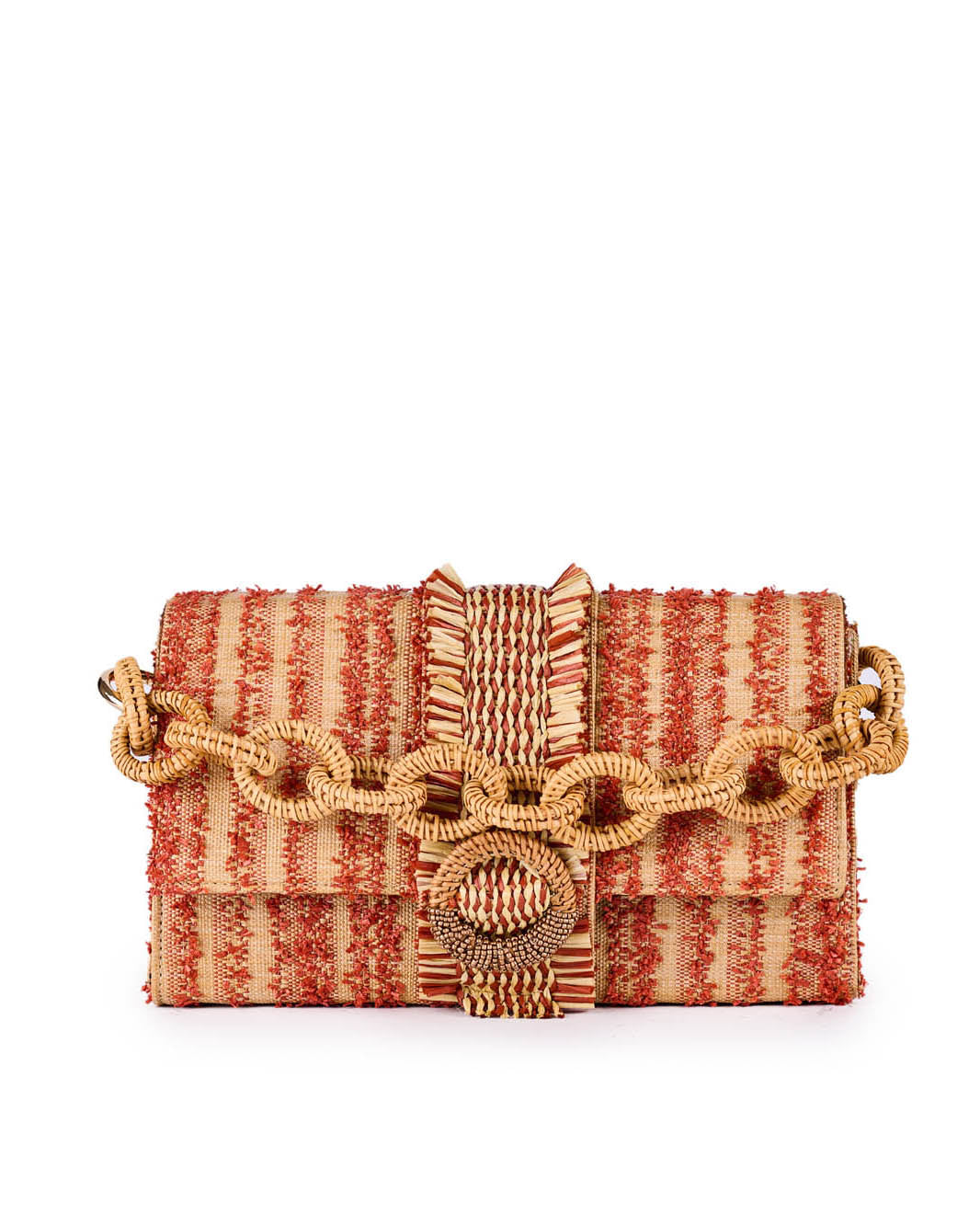 Red and beige woven straw clutch bag with decorative chain and buckle