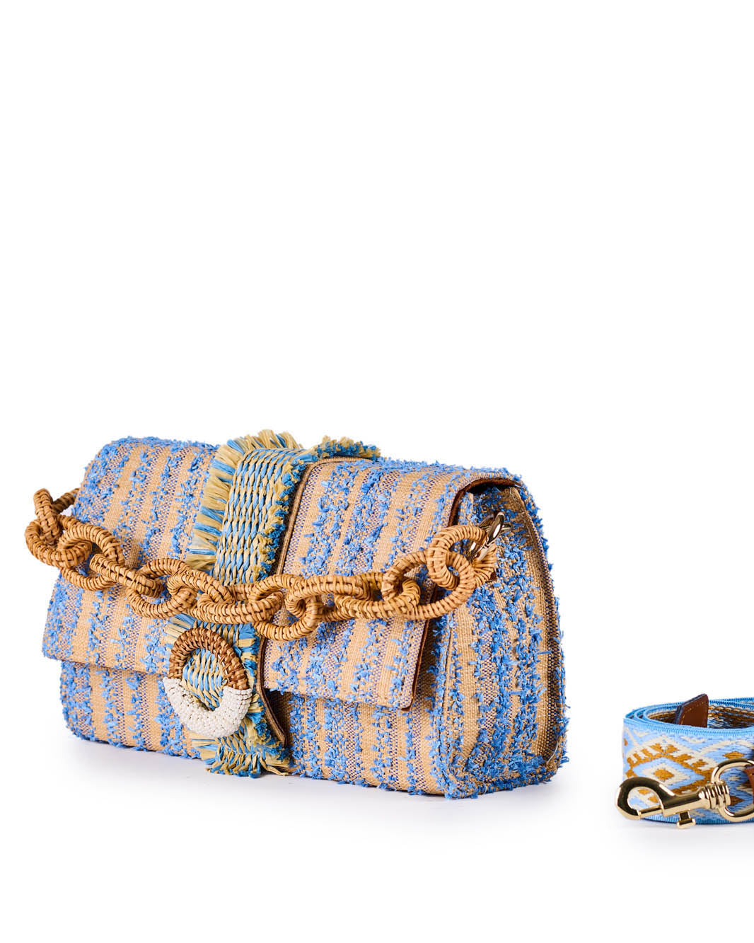 Blue and beige woven handbag with decorative chain and adjustable strap