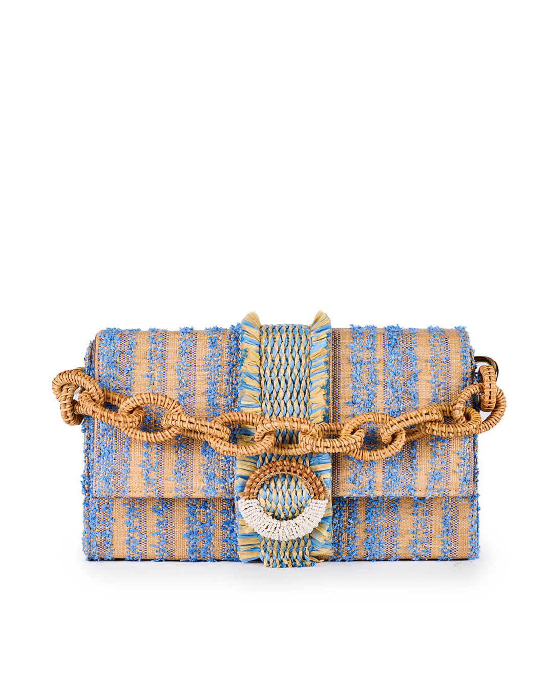 Woven beige and blue handbag with a decorative chain strap and clasp