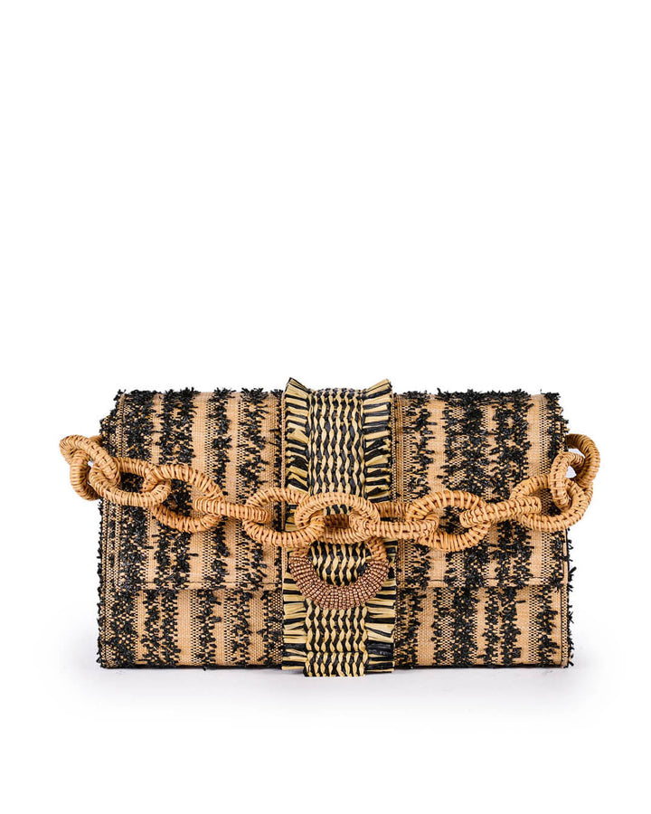 Handmade woven straw handbag with black zigzag patterns and a chunky rattan chain strap