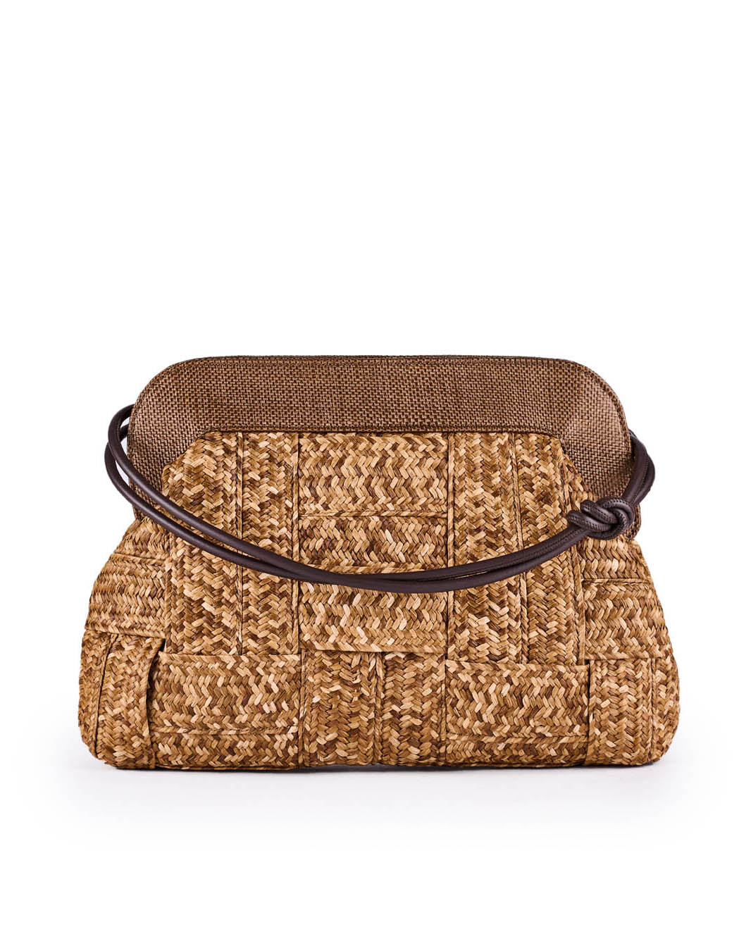 Woven straw handbag with brown leather strap and clasp